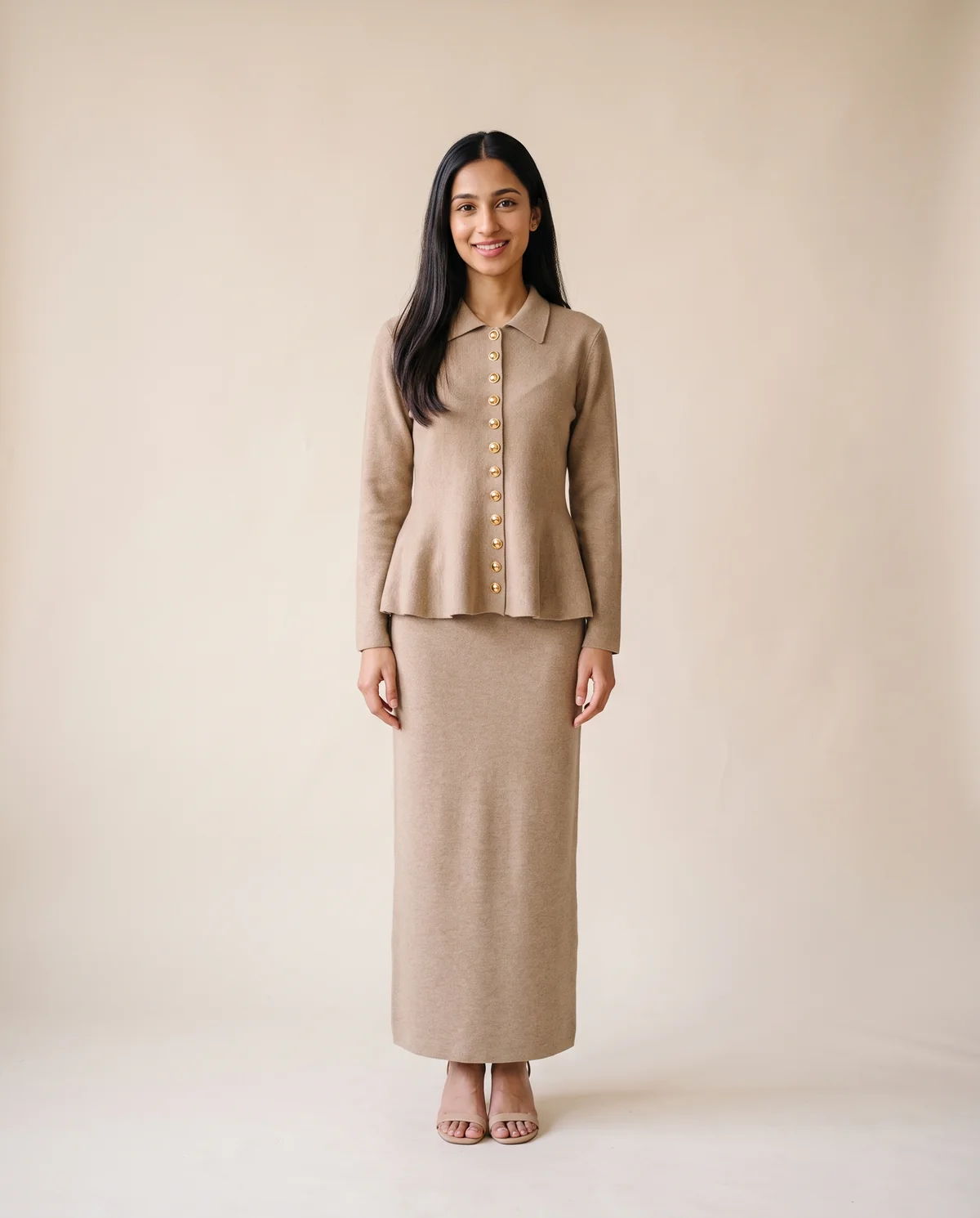 Collared Gold Button Cardigan and Knit Skirt Set in Camel, front view, worn by Priya