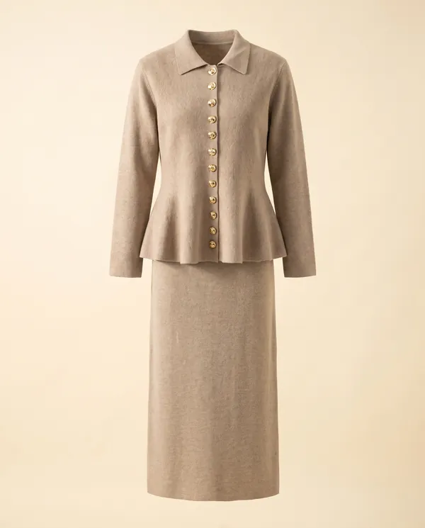 Collared Gold Button Cardigan and Knit Skirt Set in Camel, product shot on a plain background