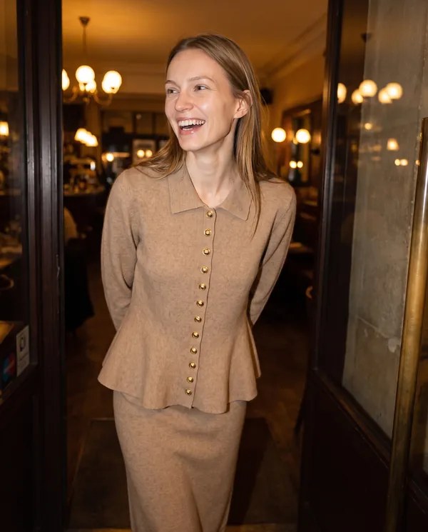 Satin Eve styling: Collared Gold Button Cardigan and Knit Skirt Set