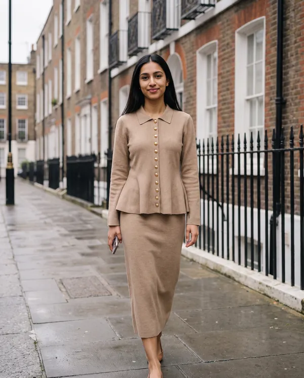 Satin Eve styling: Collared Gold Button Cardigan and Knit Skirt Set