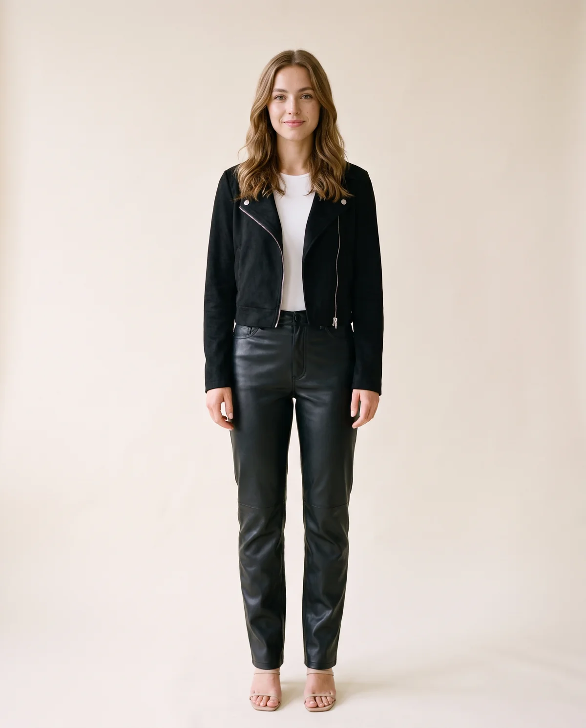 Faux Suede Cropped Biker Jacket in Black, front view, worn by Ava