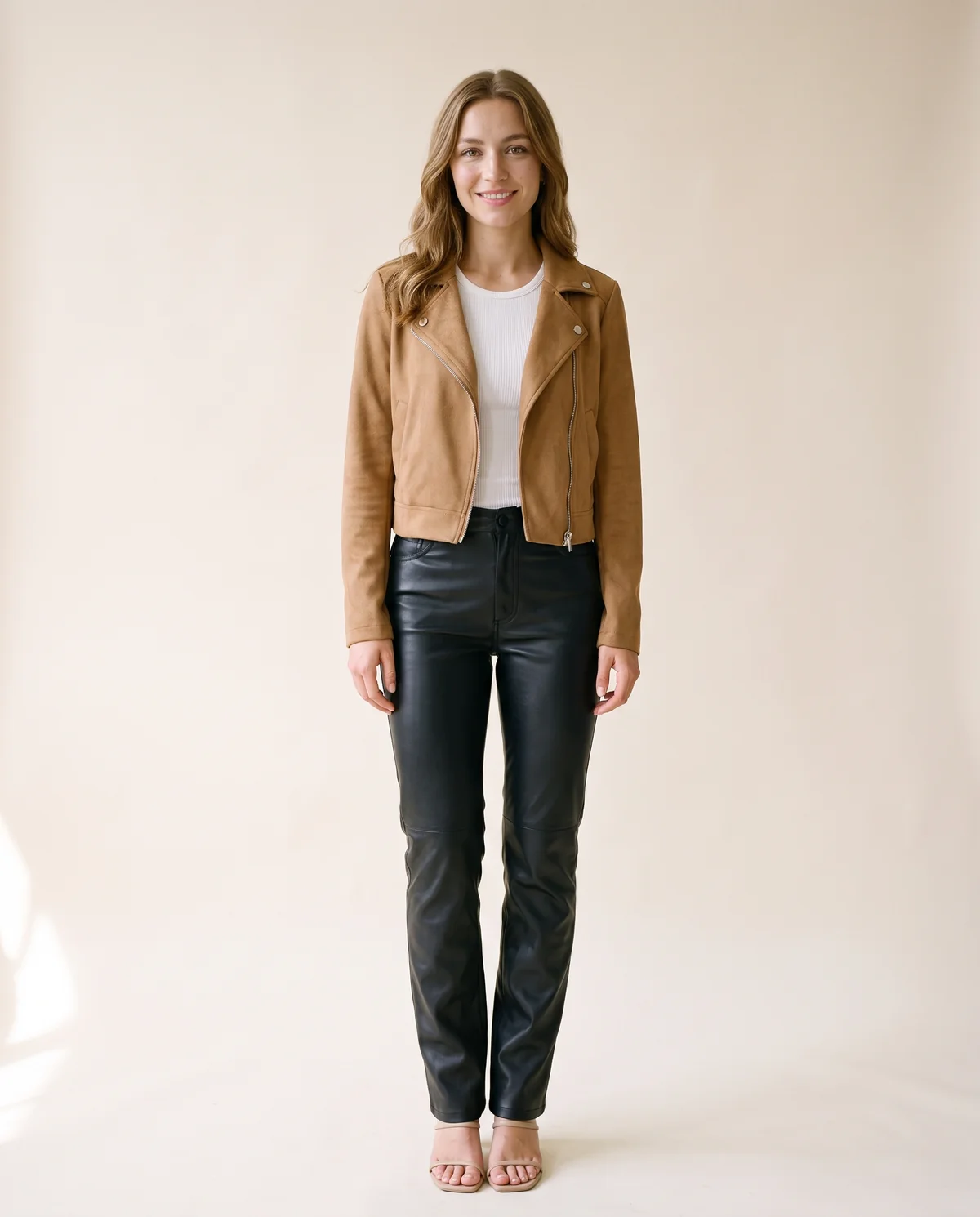 Faux Suede Cropped Biker Jacket in Camel, front view, worn by Ava