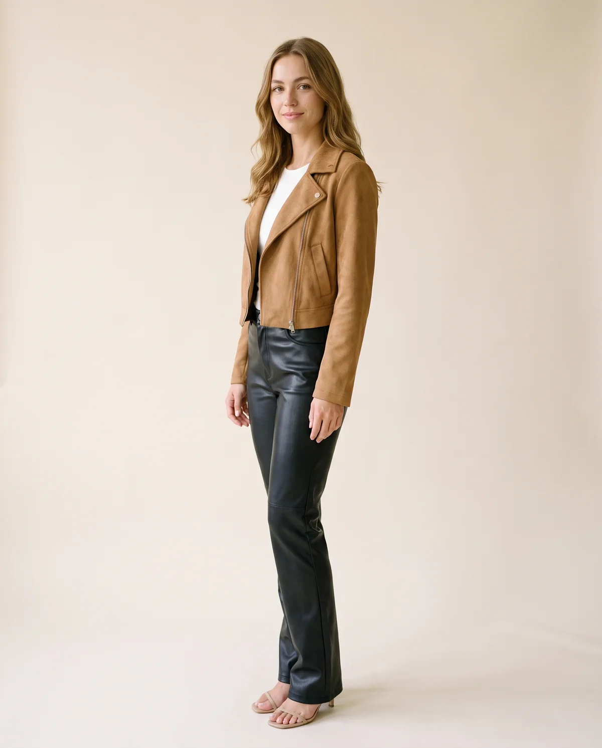 Faux Suede Cropped Biker Jacket in Camel, side view, worn by Ava