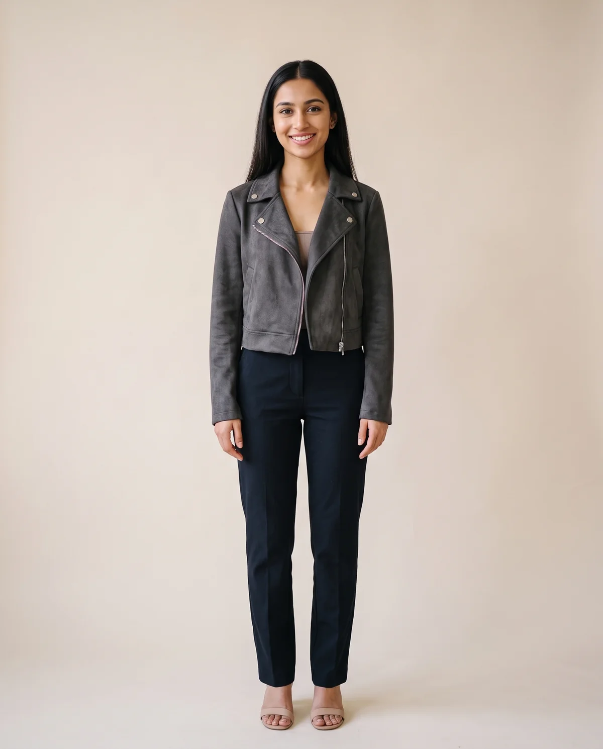 Faux Suede Cropped Biker Jacket in Charcoal, front view, worn by Priya
