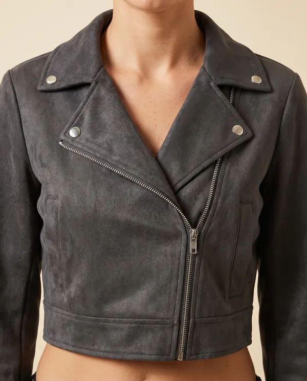 Faux Suede Cropped Biker Jacket in Charcoal, close-up of the detail