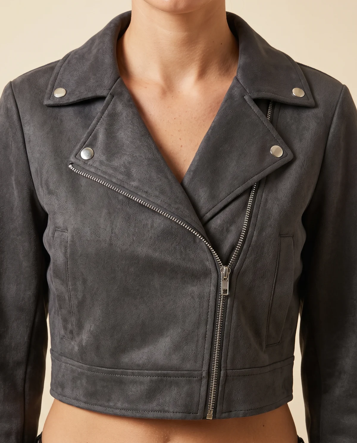 Faux Suede Cropped Biker Jacket in Charcoal, close-up of the detail
