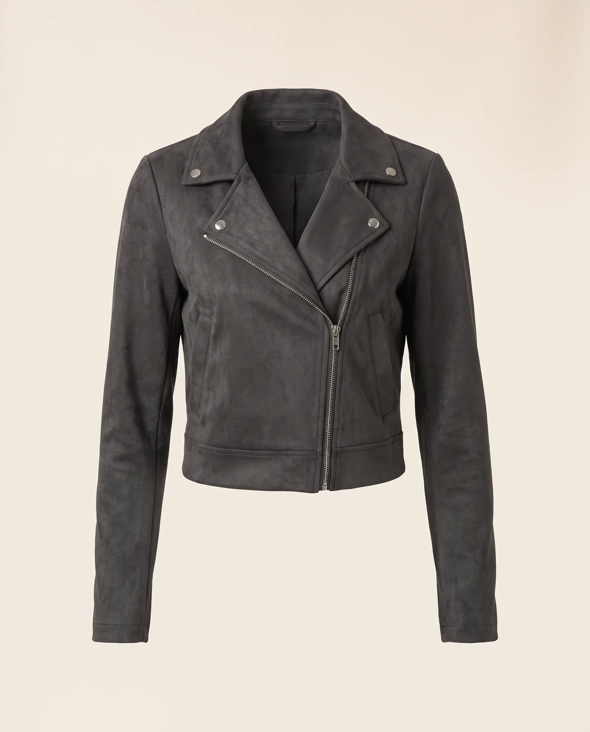 Faux Suede Cropped Biker Jacket in Charcoal, product shot on a plain background