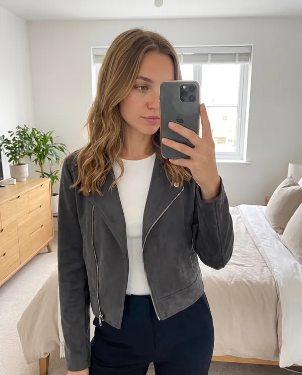Satin Eve styling: Faux Suede Cropped Biker Jacket