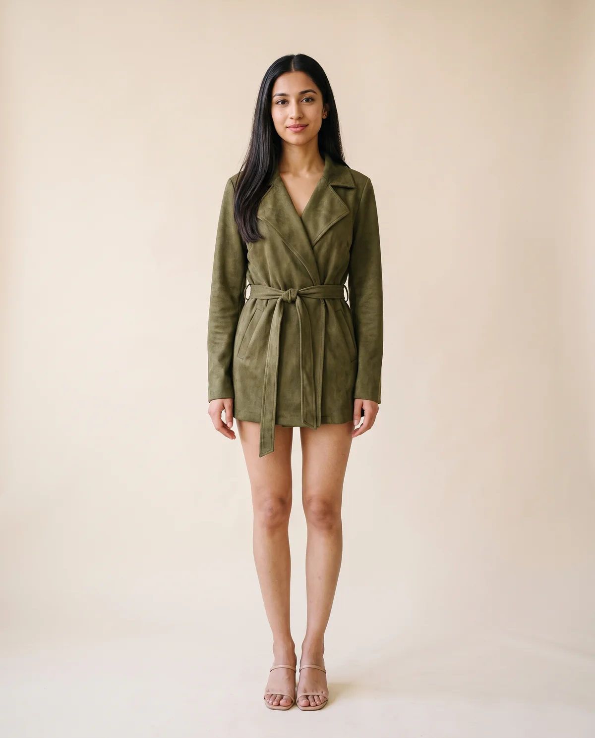 Faux Suede Tie-Waist Wrap Jacket in Olive, front view, worn by Priya