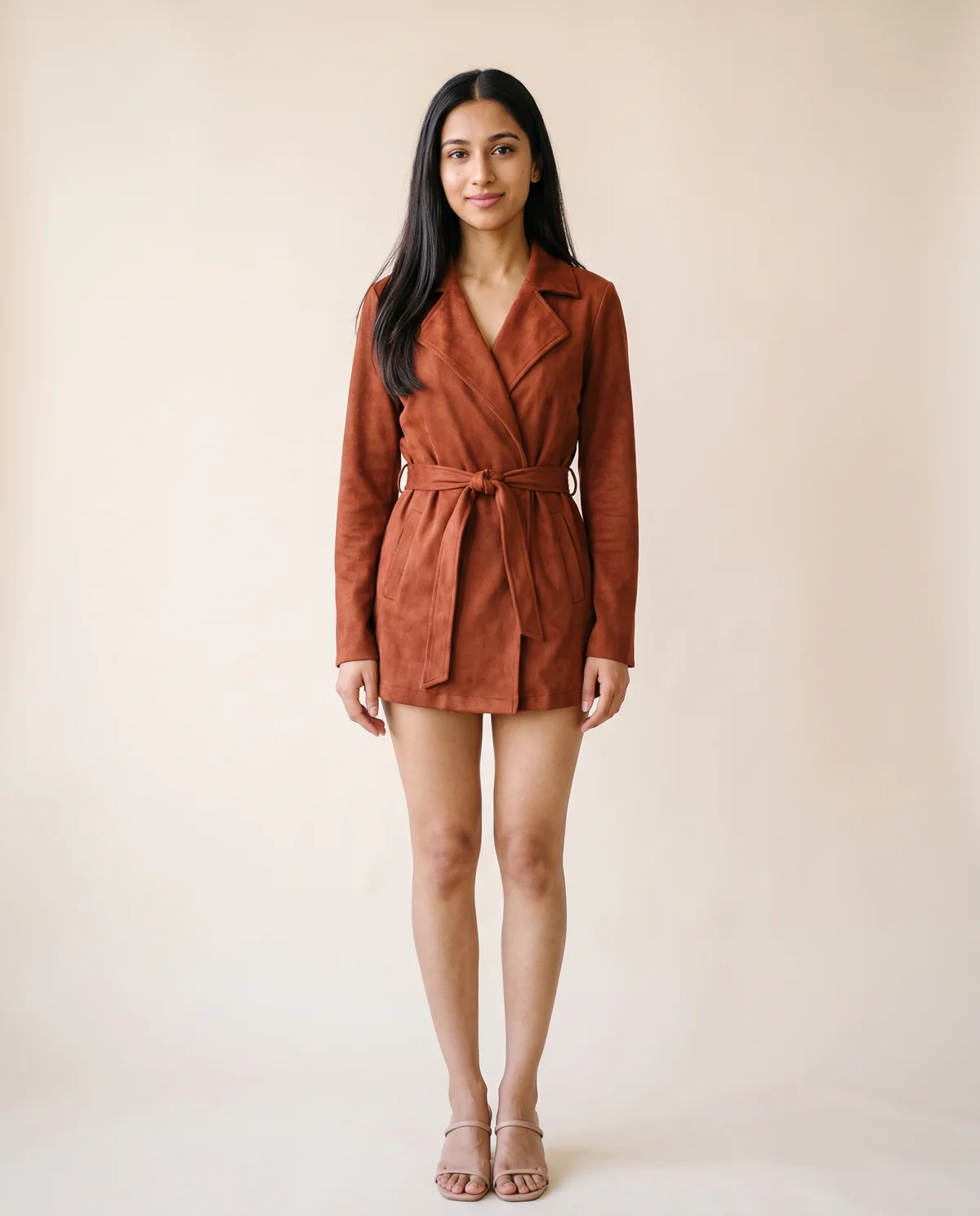 Faux Suede Tie-Waist Wrap Jacket in Rust, front view, worn by Priya