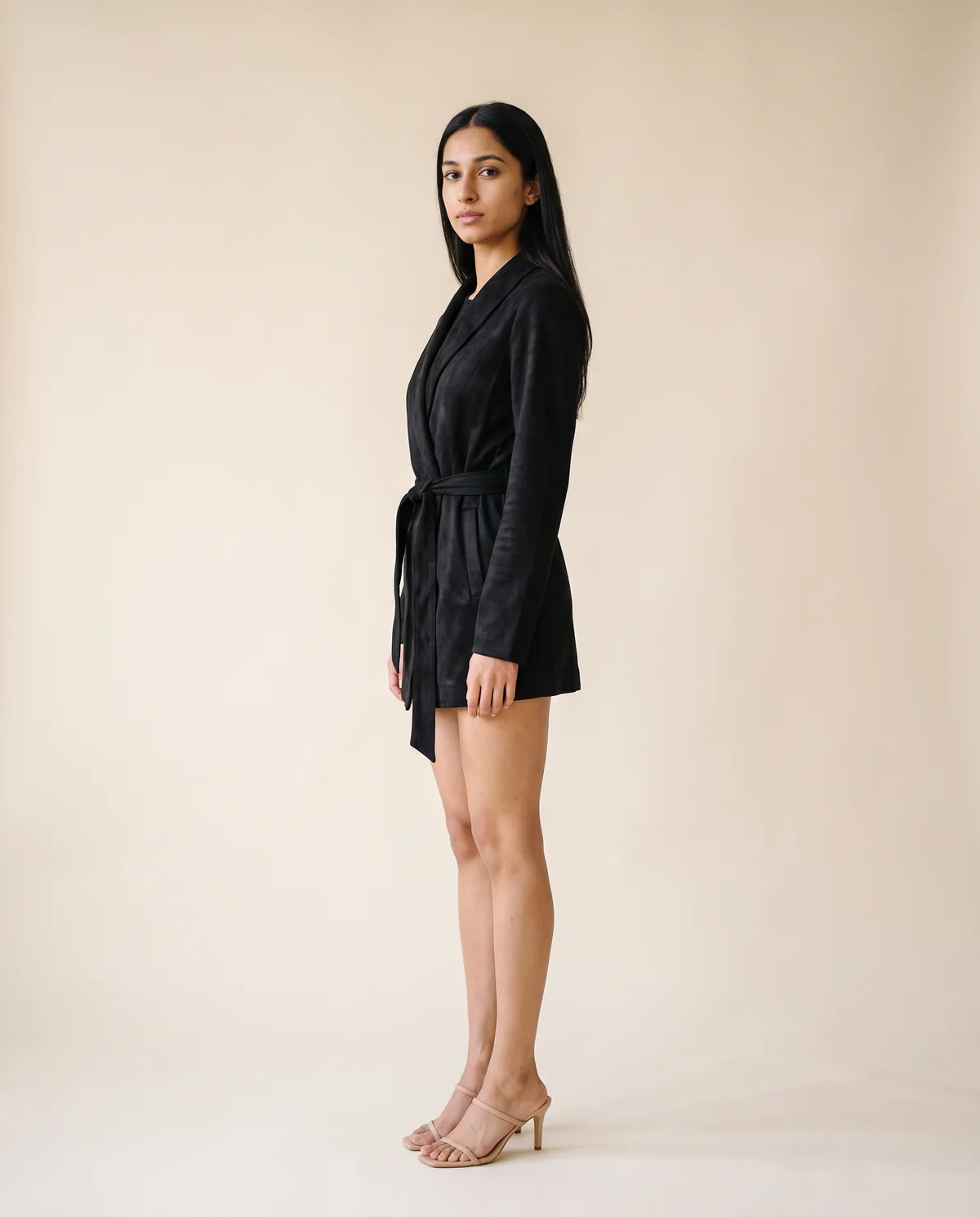 Faux Suede Tie-Waist Wrap Jacket in Black, side view, worn by Priya