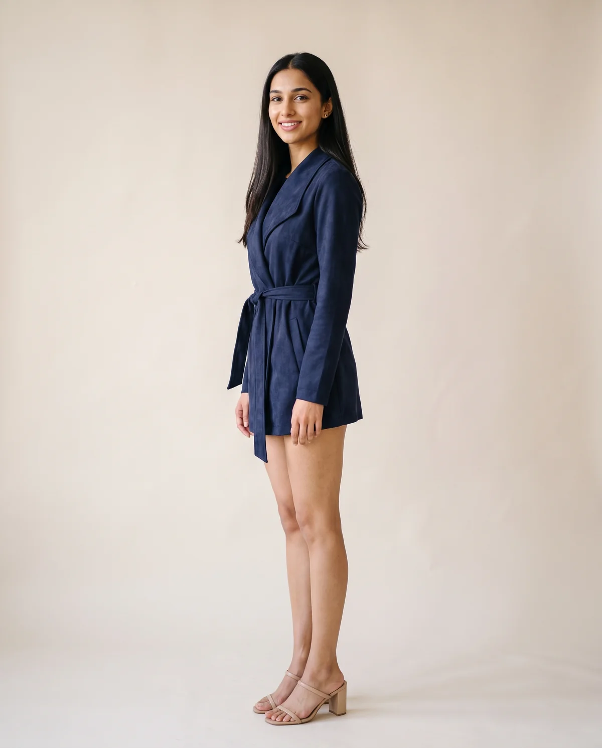 Faux Suede Tie-Waist Wrap Jacket in Navy, side view, worn by Priya