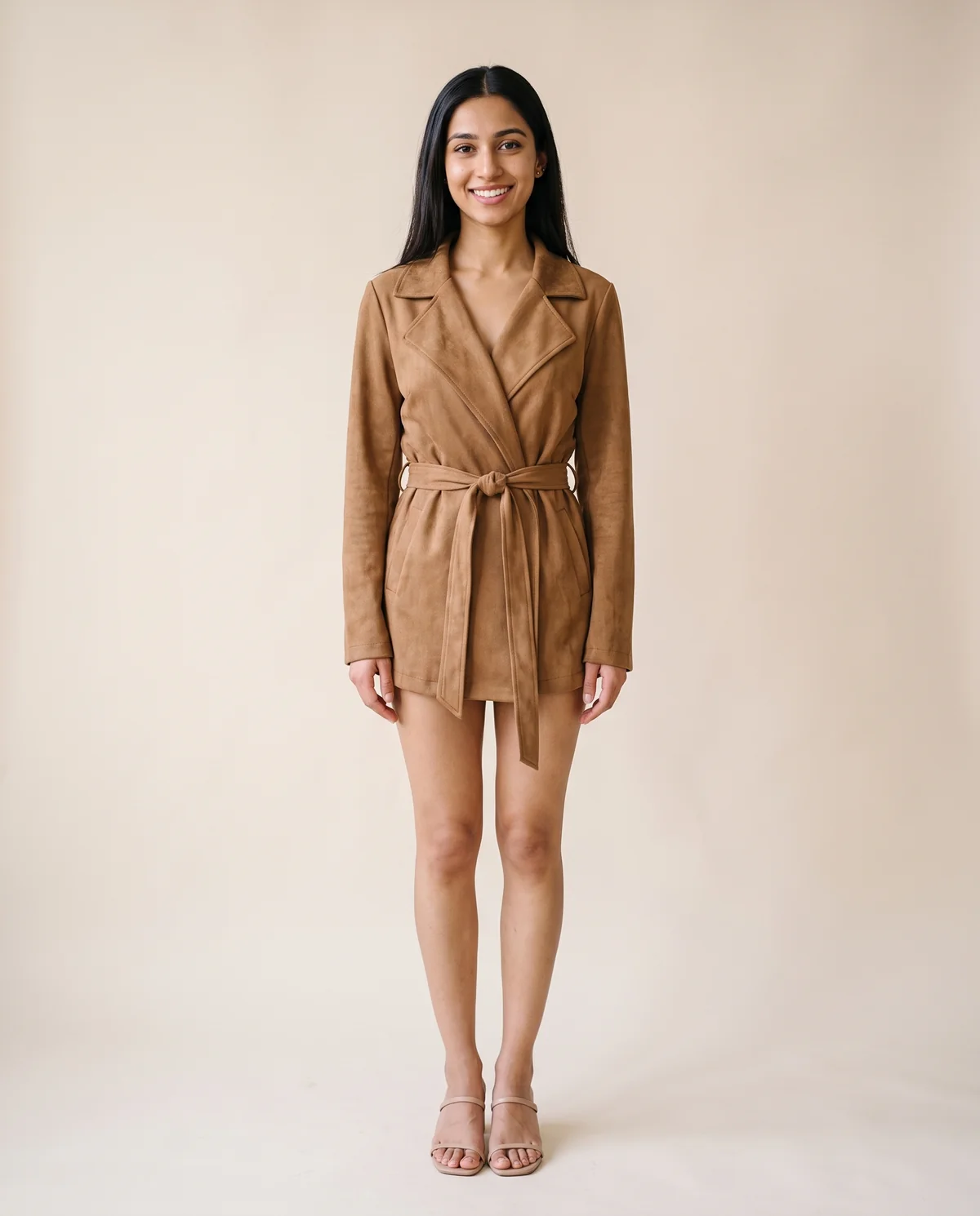 Faux Suede Tie-Waist Wrap Jacket in Camel, front view, worn by Priya