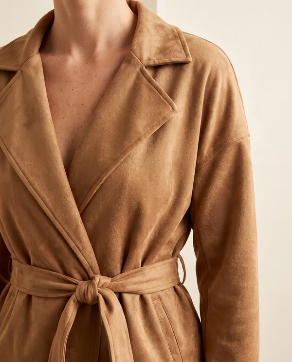 Faux Suede Tie-Waist Wrap Jacket in Camel, close-up of the detail