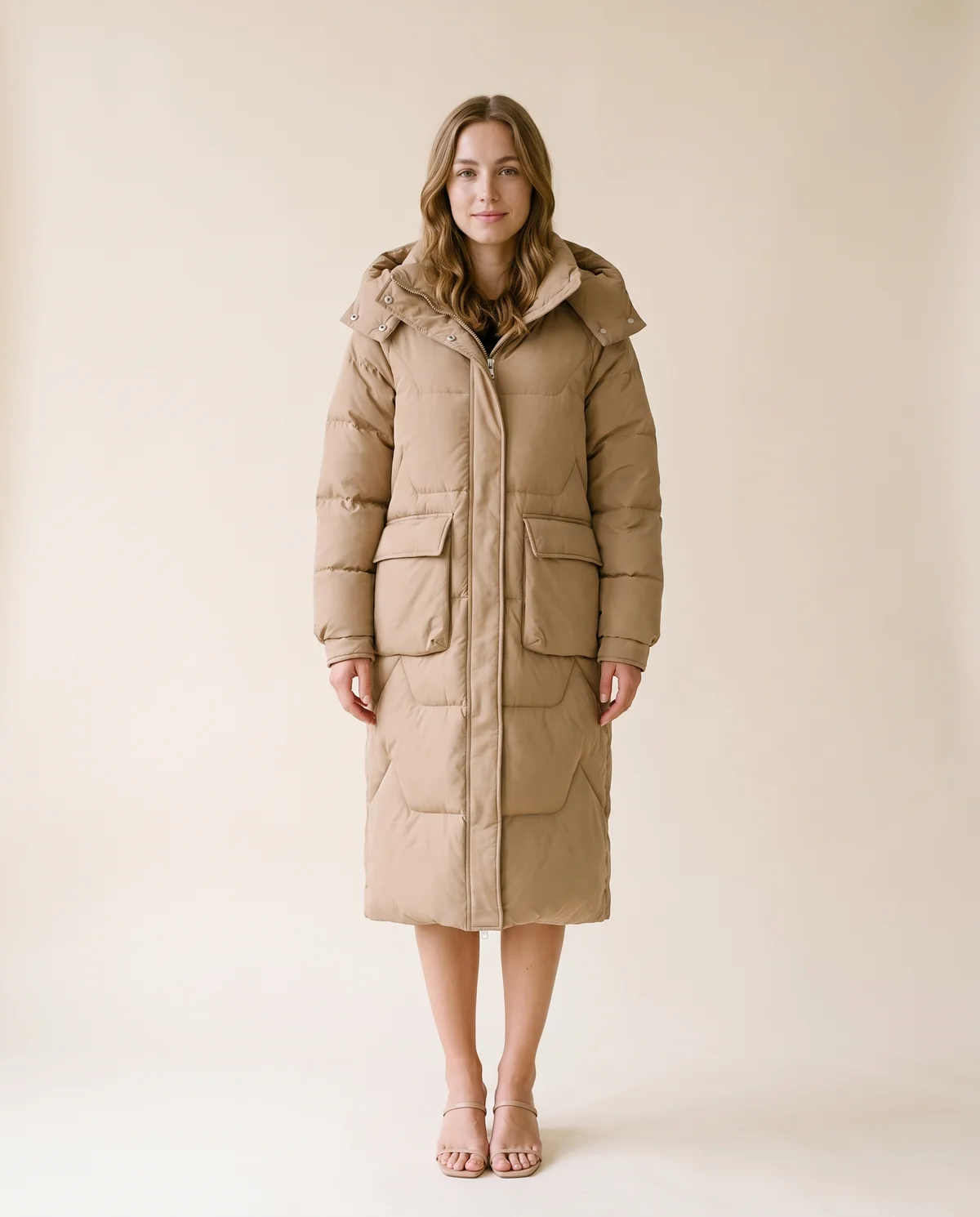 Hooded Puffer Coat with Patch Pockets in Camel, front view, worn by Ava