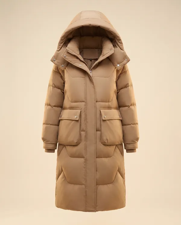 Hooded Puffer Coat with Patch Pockets in Camel, product shot on a plain background