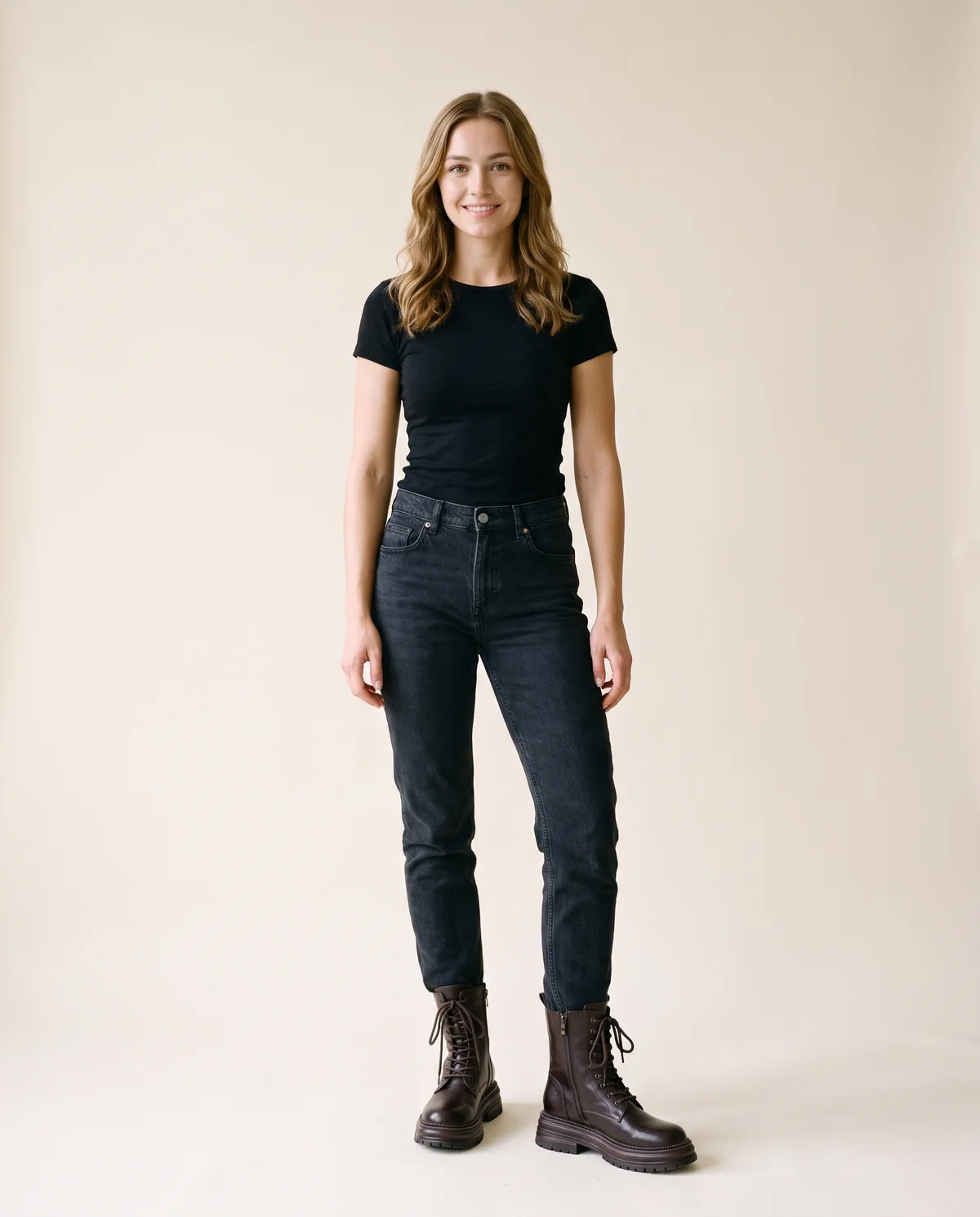 Chunky Lace-Up Combat Ankle Boot in Dark Chocolate, front view, worn by Ava