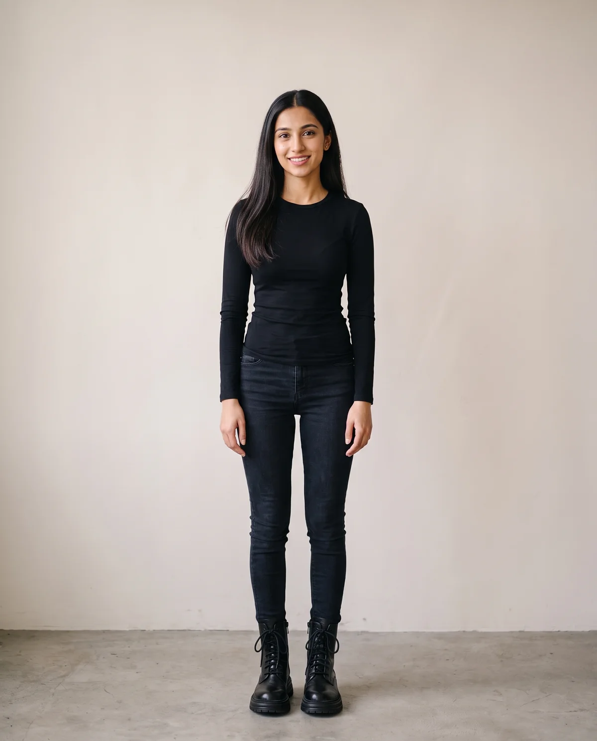 Chunky Lace-Up Combat Ankle Boot in Black, front view, worn by Priya