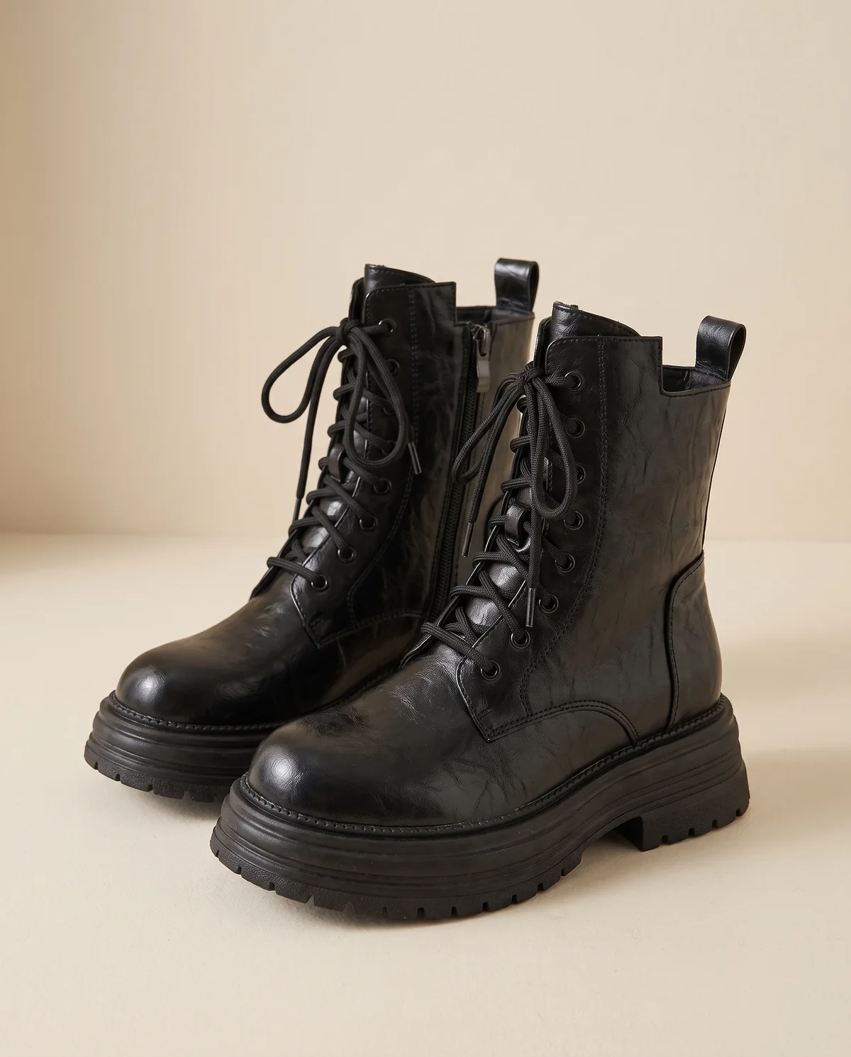 Chunky Lace-Up Combat Ankle Boot in Black, close-up of the detail