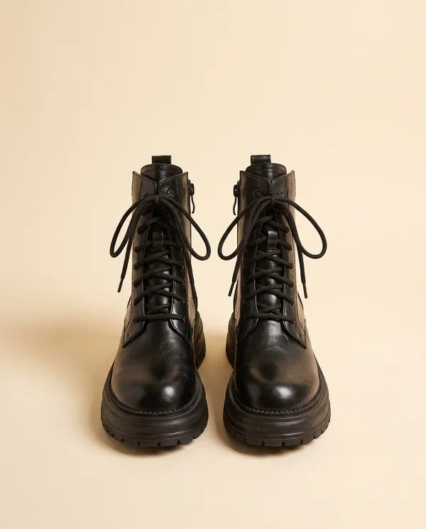 Chunky Lace-Up Combat Ankle Boot in Black, product shot on a plain background