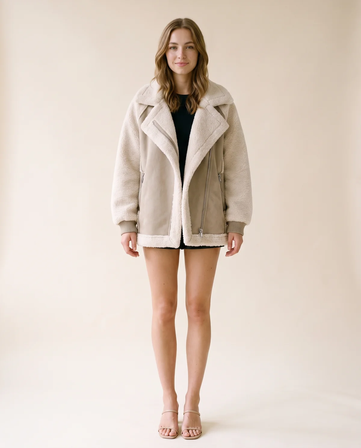 Faux Shearling and Suede Panel Moto Jacket in Stone, front view, worn by Ava