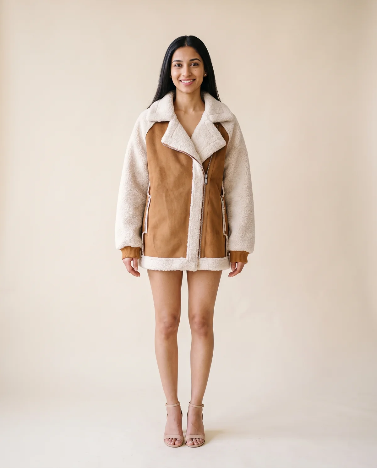 Faux Shearling and Suede Panel Moto Jacket in Tan, front view, worn by Priya