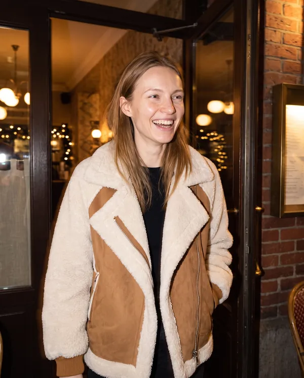 Satin Eve styling: Faux Shearling and Suede Panel Moto Jacket