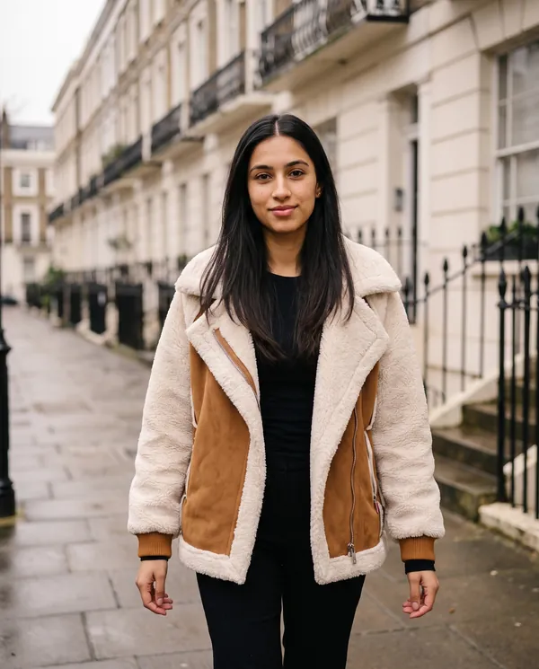Satin Eve styling: Faux Shearling and Suede Panel Moto Jacket