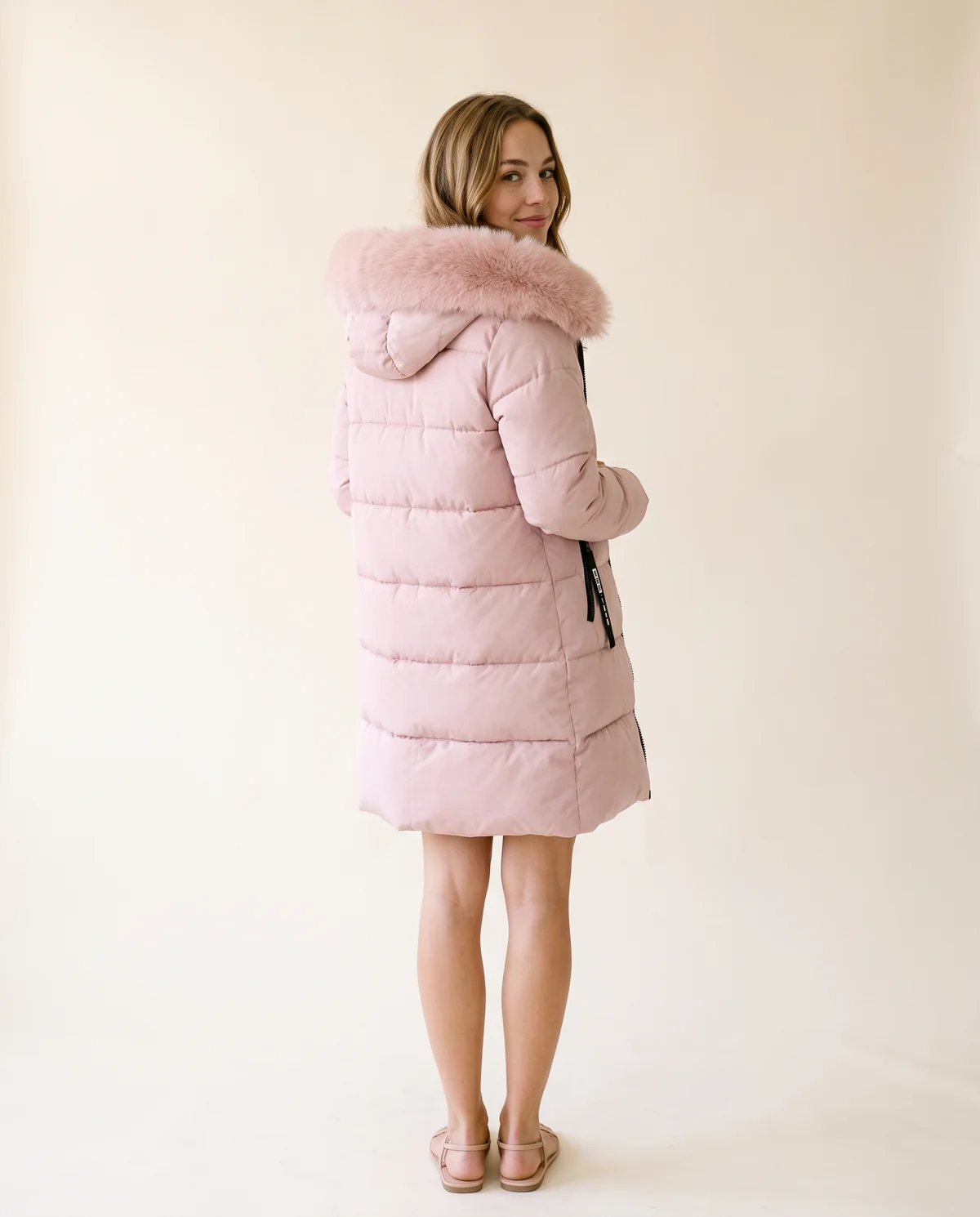 Pink Puffer Parka with Fur-Trim Hood in Blush, back view, worn by Ava