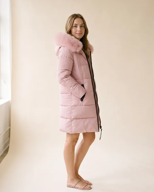 Pink Puffer Parka with Fur-Trim Hood in Blush, side view, worn by Ava