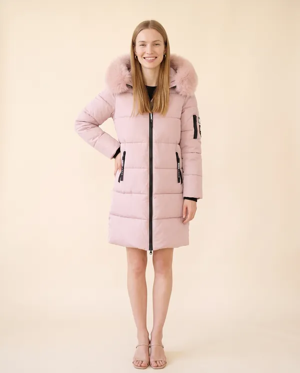 Pink Puffer Parka with Fur-Trim Hood in Blush, front view, worn by Maya