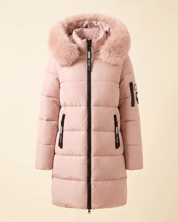 Pink Puffer Parka with Fur-Trim Hood in Blush, product shot on a plain background