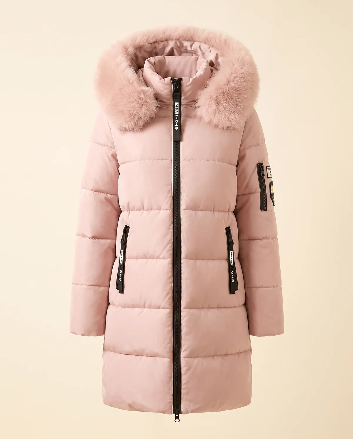 Pink Puffer Parka with Fur-Trim Hood in Blush, product shot on a plain background