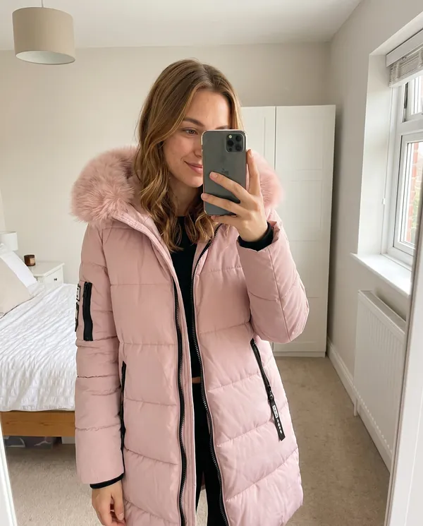 Satin Eve styling: Pink Puffer Parka with Fur-Trim Hood