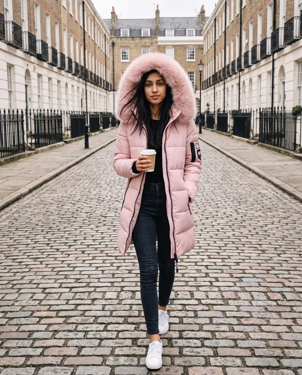 Satin Eve styling: Pink Puffer Parka with Fur-Trim Hood