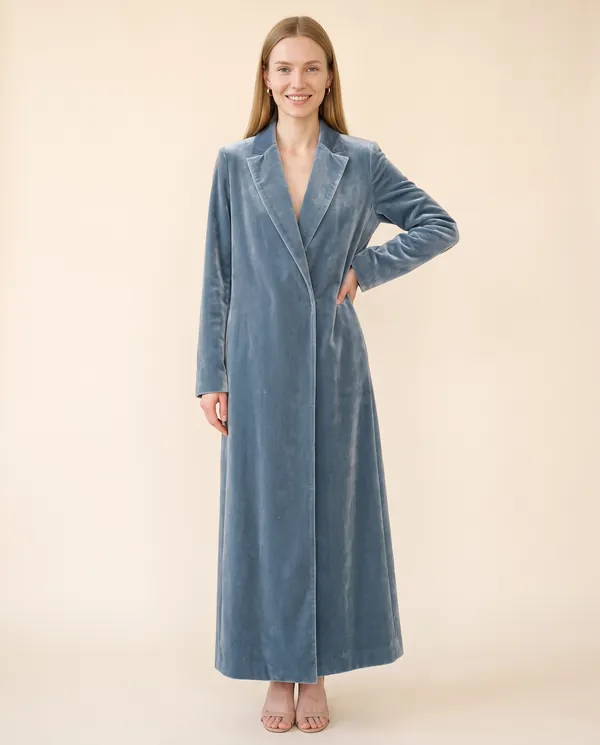 Long Velvet Coat in Slate Blue, front view, worn by Maya