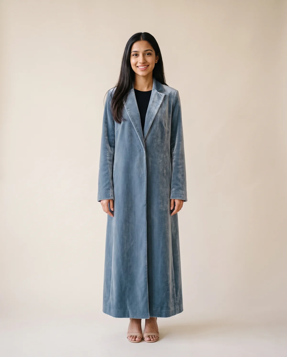 Long Velvet Coat in Slate Blue, front view, worn by Priya
