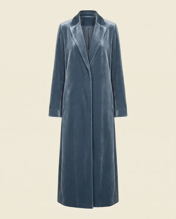 Long Velvet Coat in Slate Blue, product shot on a plain background