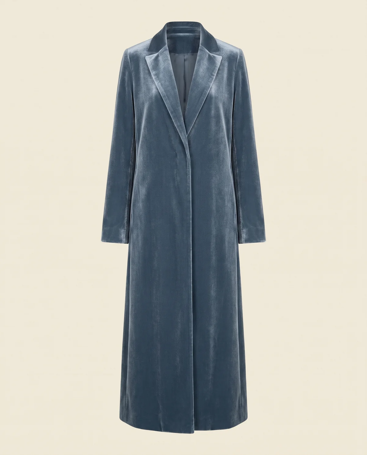 Long Velvet Coat in Slate Blue, product shot on a plain background