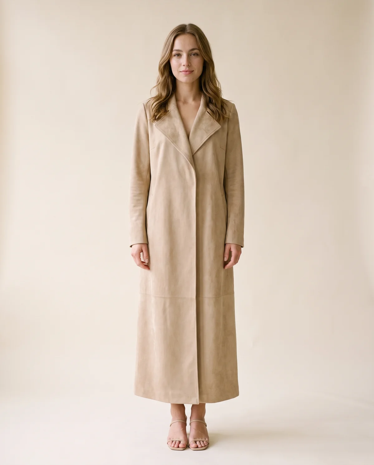 Long Faux Suede Coat in Beige, front view, worn by Ava