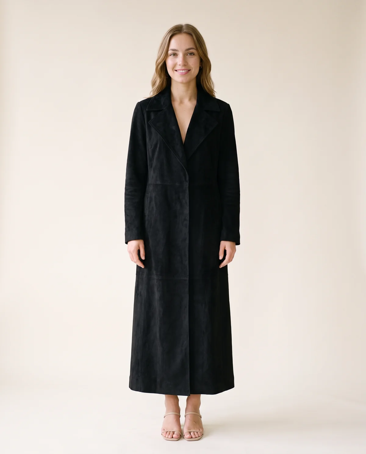 Long Faux Suede Coat in Black, front view, worn by Ava