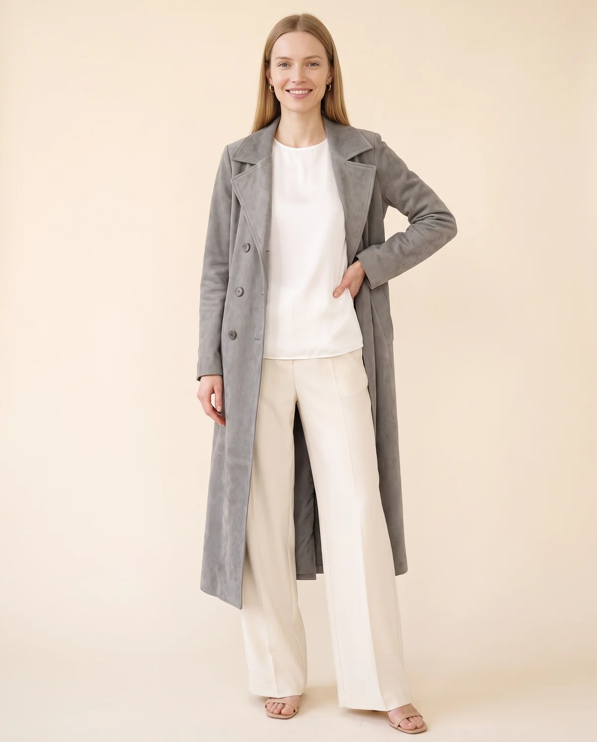 Long Faux Suede Coat in Grey, front view, worn by Maya