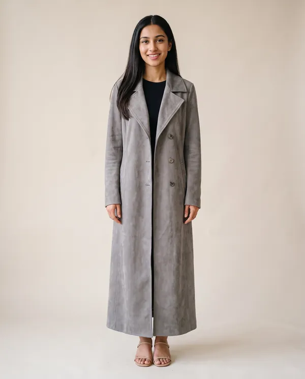 Long Faux Suede Coat in Grey, front view, worn by Priya