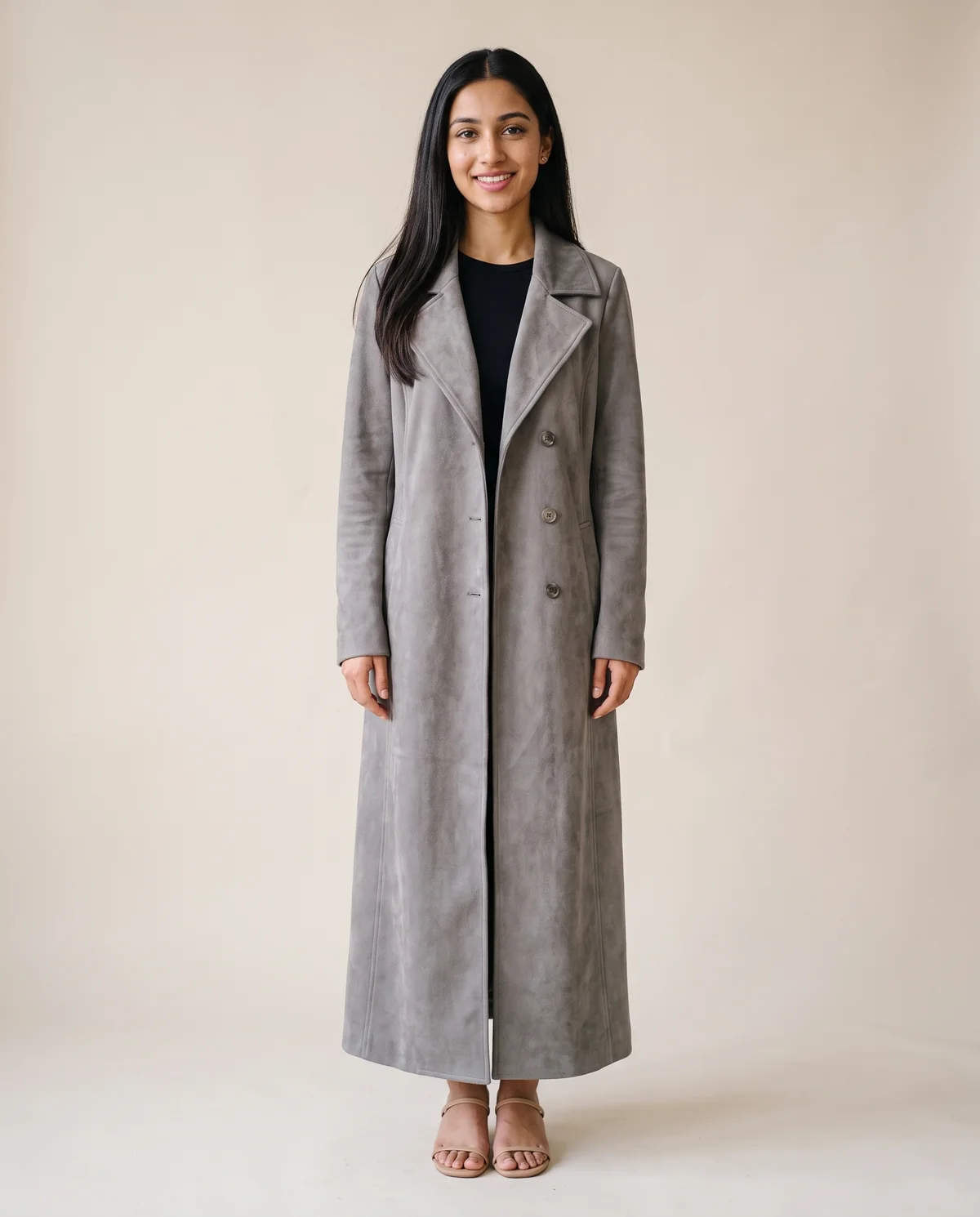 Long Faux Suede Coat in Grey, front view, worn by Priya