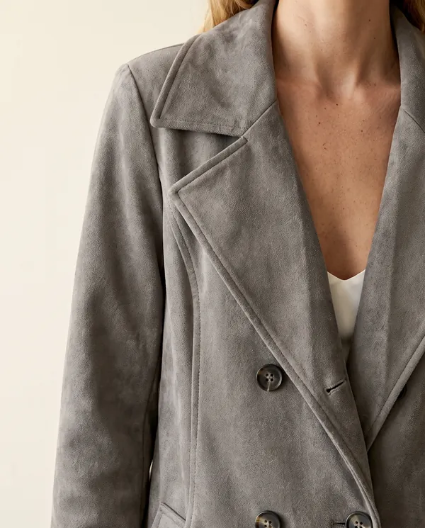 Long Faux Suede Coat in Grey, close-up of the detail