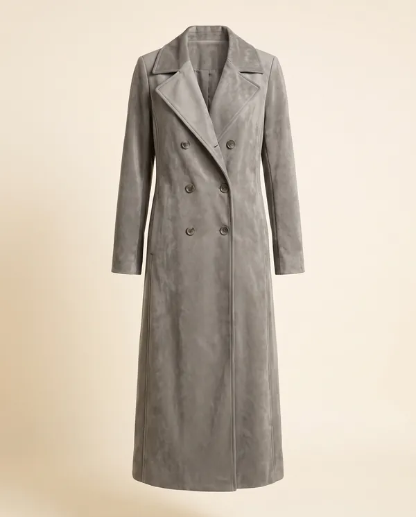 Long Faux Suede Coat in Grey, product shot on a plain background