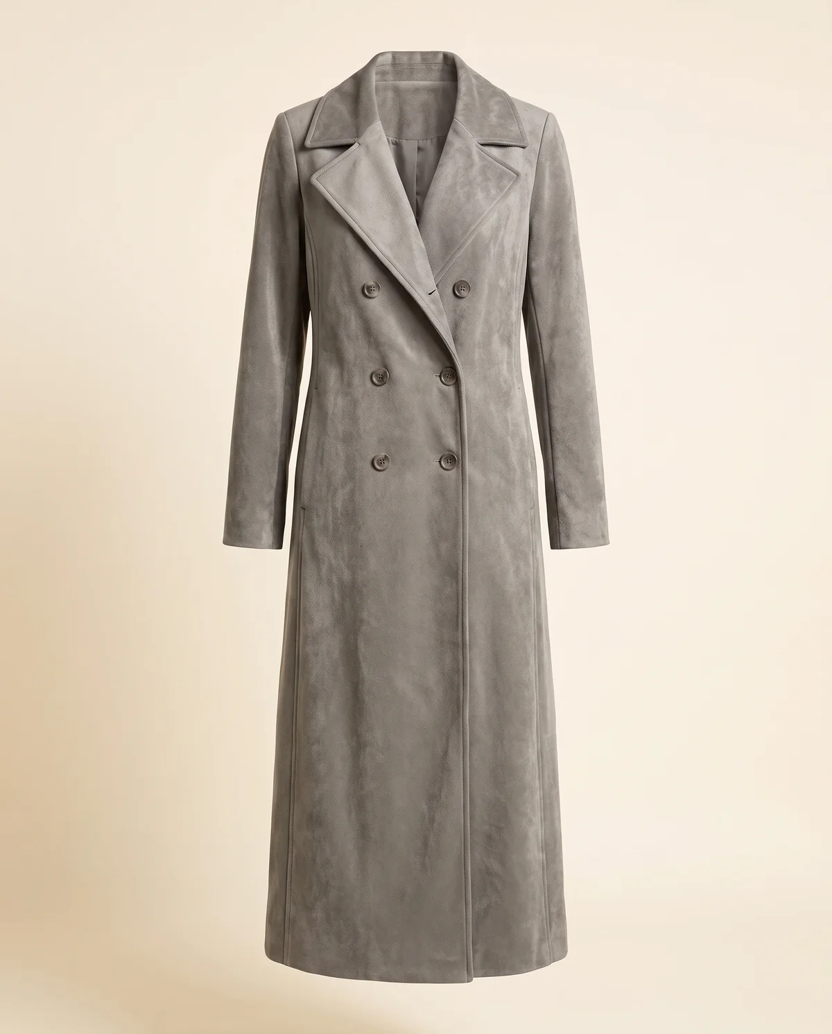 Long Faux Suede Coat in Grey, product shot on a plain background