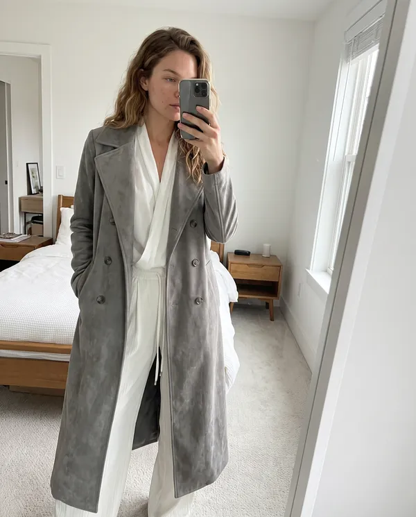 Satin Eve styling: Long Faux Suede Coat