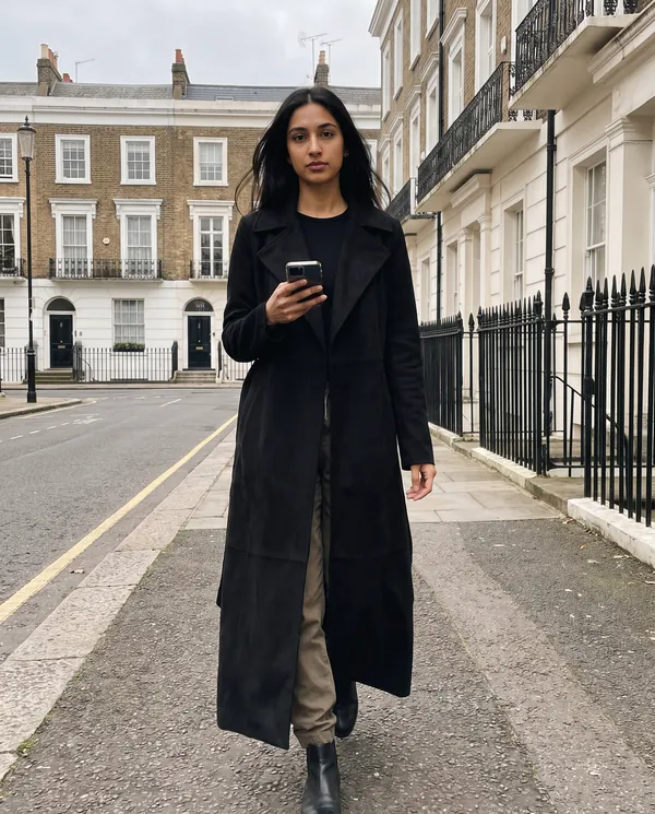 Satin Eve styling: Long Faux Suede Coat