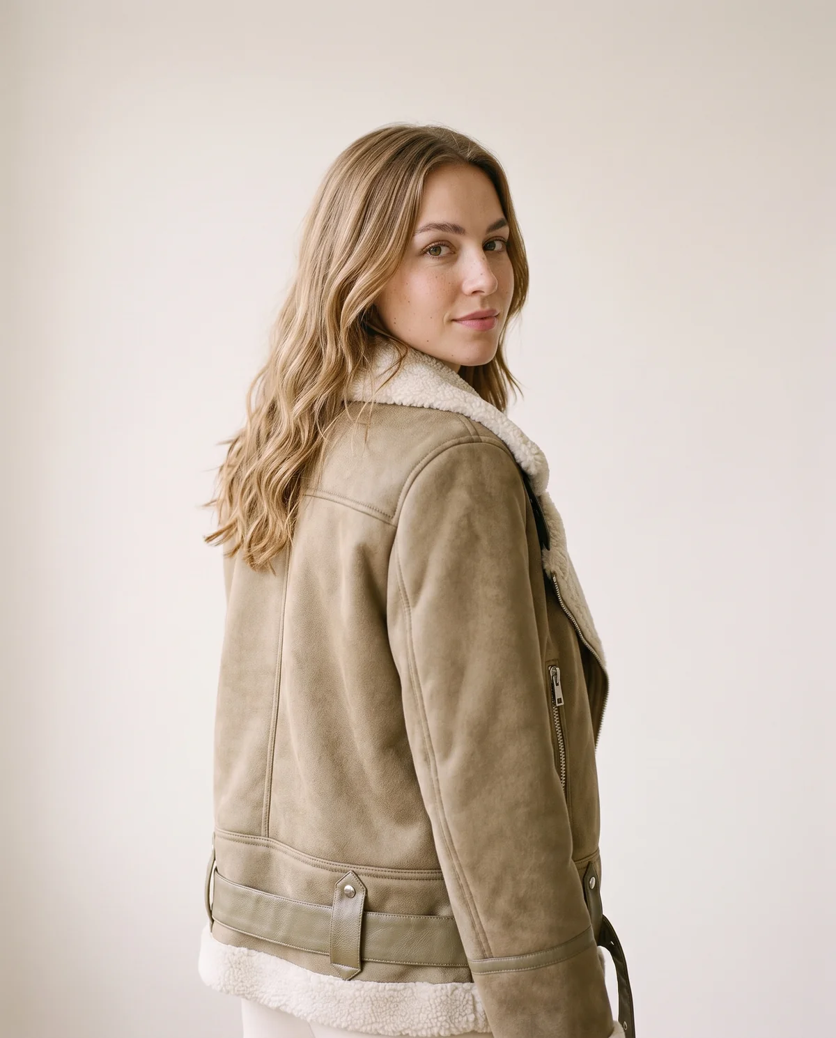 Faux Suede Biker Jacket with Faux Shearling Lapel in Khaki, back view, worn by Ava